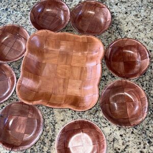 Vintage wood woven serving bowl and eight salad bowls